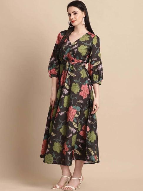 jainish black printed a-line dress with belt