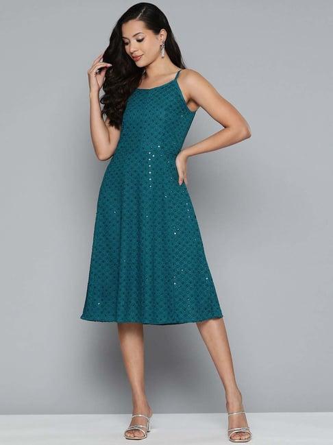 jompers blue embroidered a-line dress