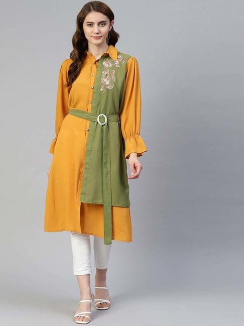 jainish yellow & green embroidered shirt style tunic