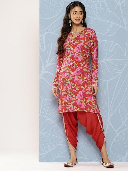 fashor red & pink printed kurta dhoti pant set