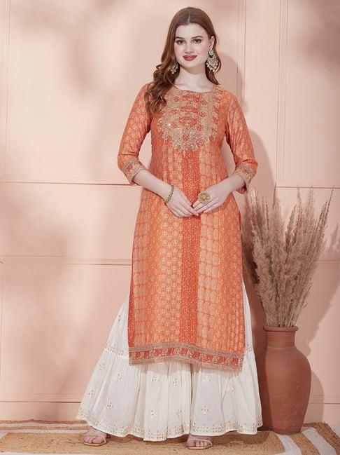 fashor orange embellished straight kurta