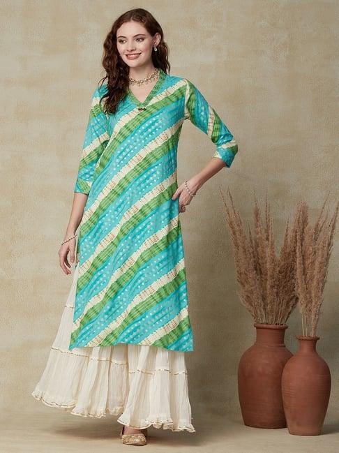 fashor green & blue embellished straight kurta