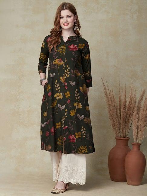 fashor bottle green floral print a line kurta