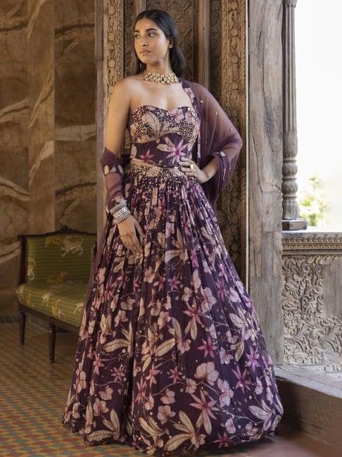 basanti kapde aur koffee wine moonlight floral print lehenga with blouse and dupatta