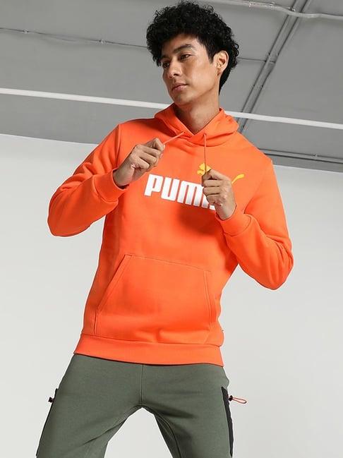 puma orange cotton regular fit logo printed hooded sweatshirt