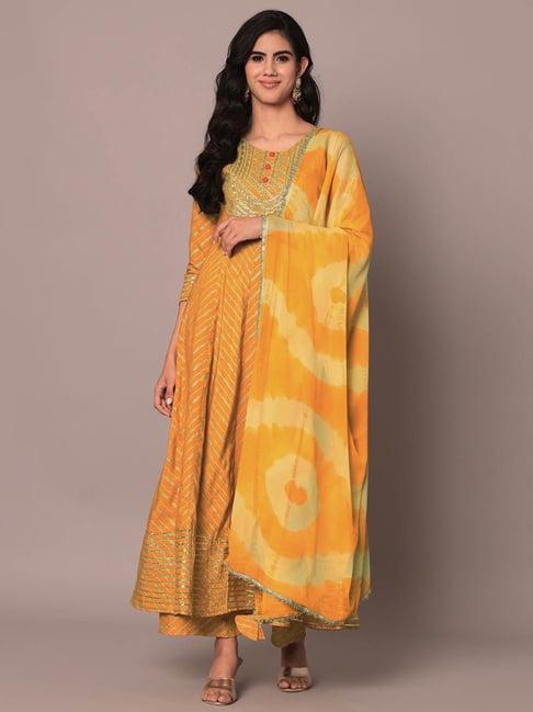 meeranshi mustard embroidered kurta with pant & dupatta