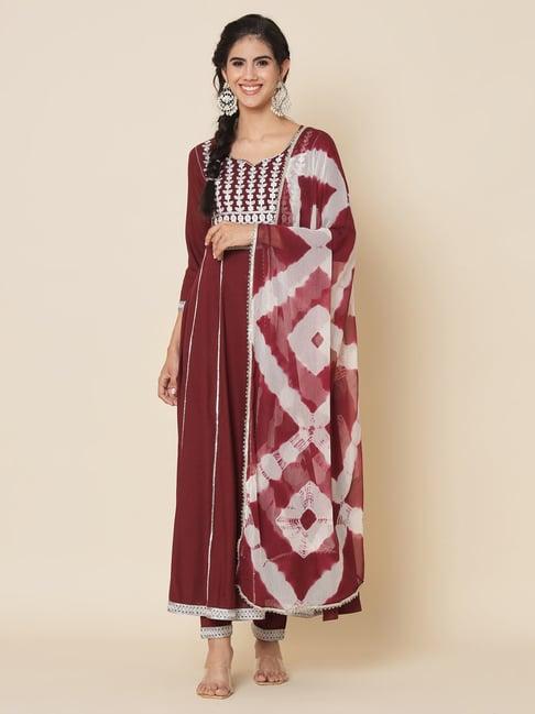 meeranshi maroon embroidered kurta with pant & dupatta