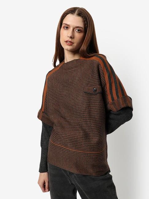 campus sutra brown printed sweater