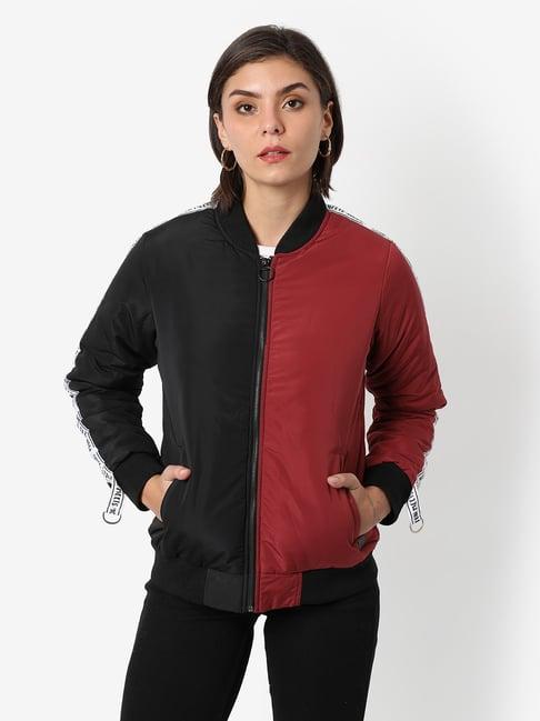 campus sutra black & maroon color-block bomber jacket