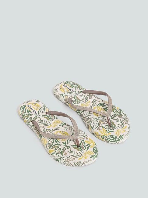 luna blu by westside leafy printed footbed shiny strap copper flip flop