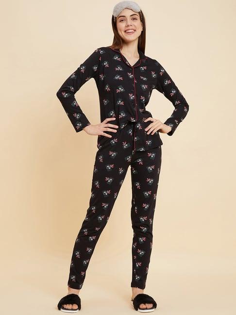 sweet dreams black cotton graphic print shirt pyjama set