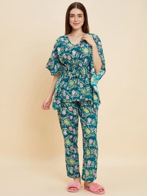 sweet dreams green cotton floral print kaftan pyjama set