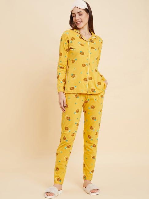 sweet dreams mustard cotton printed shirt pyjama set