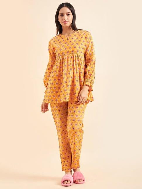 sweet dreams mustard cotton printed tunic pyjama set