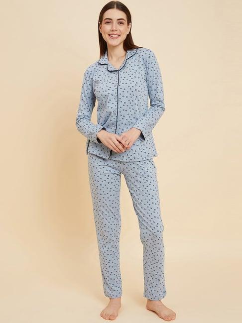 sweet dreams powder blue cotton printed shirt pyjama set