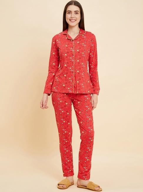 sweet dreams red cotton printed shirt pyjama set