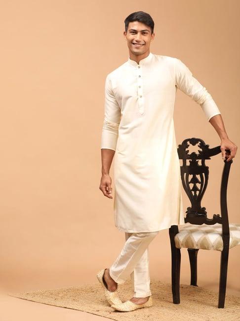 vastramay cream regular fit mandarin collar kurta & pants set