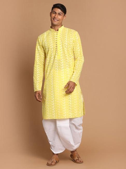 vastramay mustard & white regular fit cotton kurta & dhoti pants set