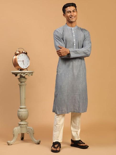 vastramay grey & cream regular fit striped kurta & pants set