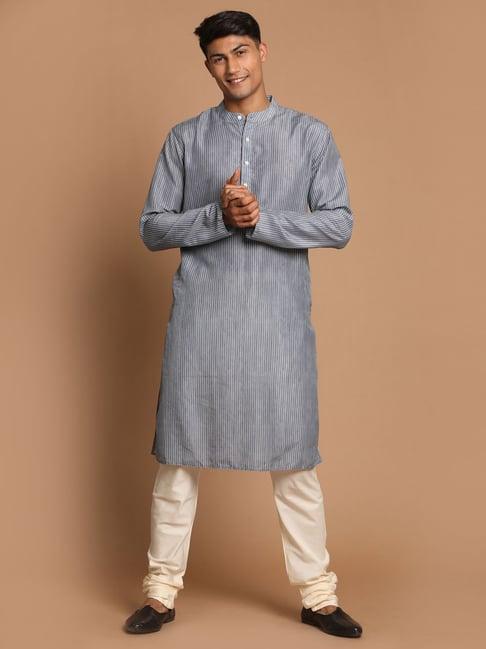 vastramay grey & cream regular fit striped kurta & churidar set