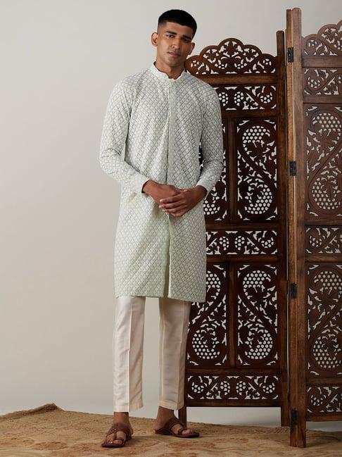 vastramay sea green & cream regular fit embroidered kurta & pants set