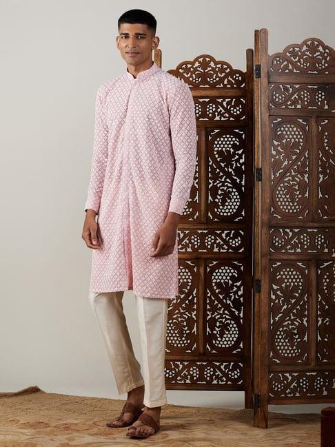 vastramay pink & cream regular fit embroidered kurta & pants set