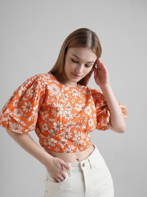 only orange cotton floral print crop top