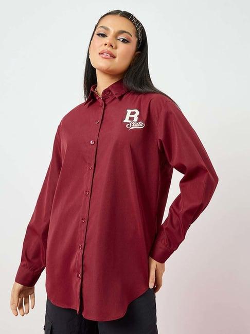 styli maroon printed oversized shirt