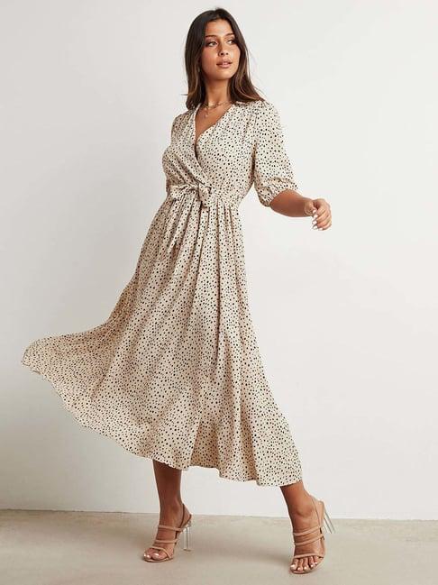 styli beige printed a-line dress