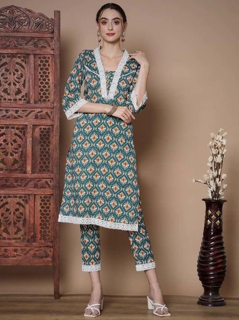 myshka green printed kurta pant set