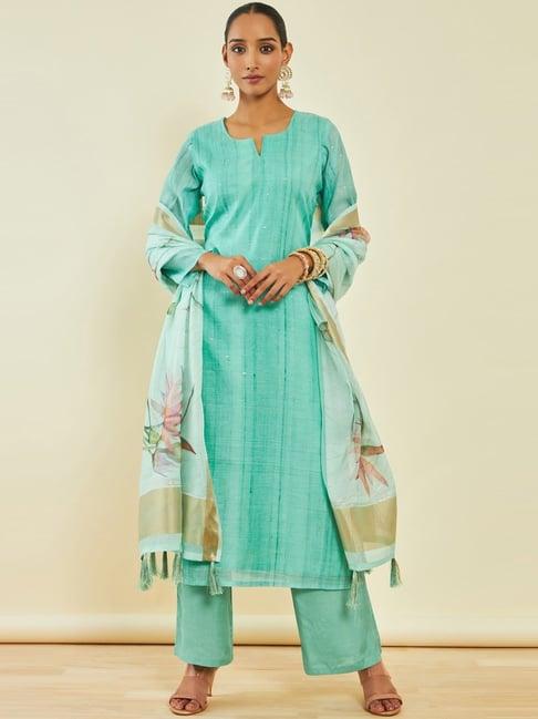 soch sap green chanderi zari woven unstitched dress material with dupatta