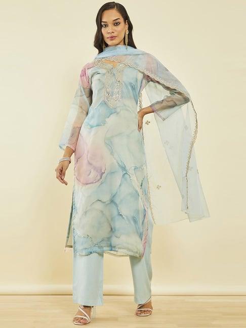 soch powder blue organza printed unstitched dress material with sequin work