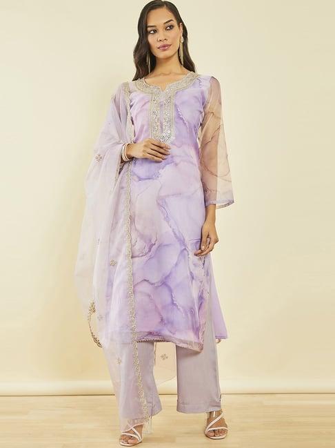 soch purple organza printed unstitched dress material with sequin embroidery