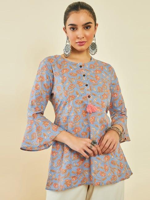 soch powder blue cotton floral print tunic with bell sleeves