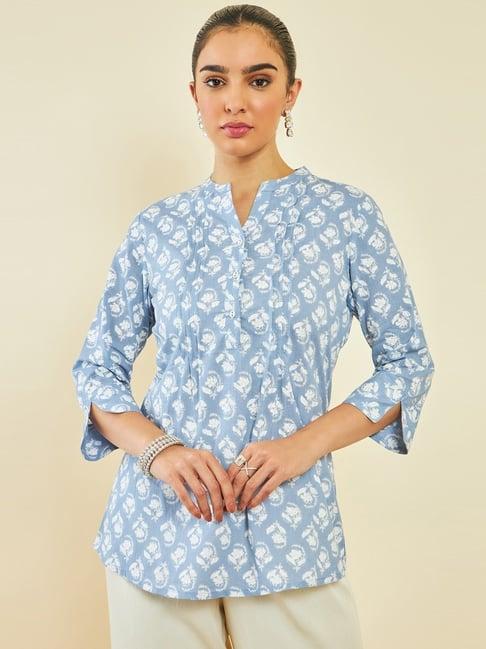 soch powder blue cotton floral print tunic with pintucks