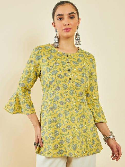 soch yellow cotton floral print tunic with bell sleeves