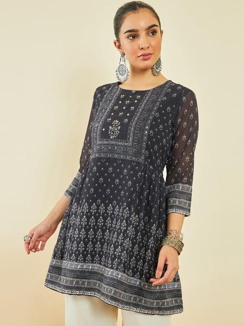 soch black georgette floral print round-neck tunic with beadwork