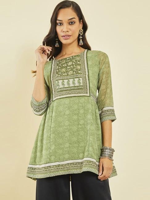 soch sap green georgette floral print round-neck tunic with beadwork