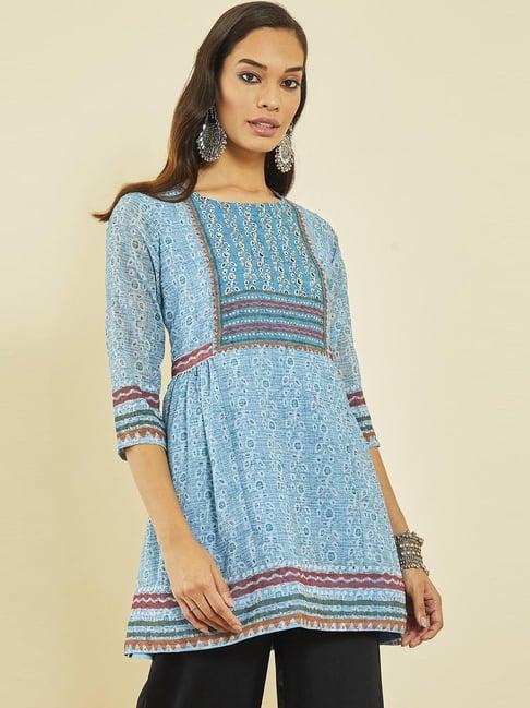 soch turquoise blue georgette floral print round-neck tunic with beadwork