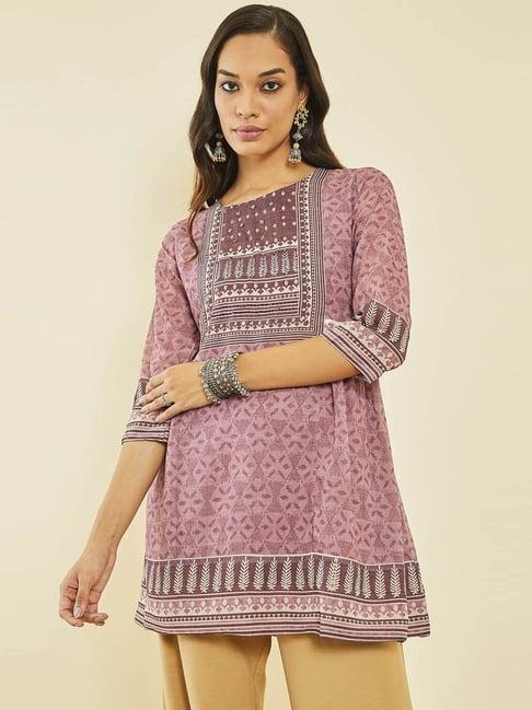 soch earth georgette geometric print round-neck tunic with beadwork