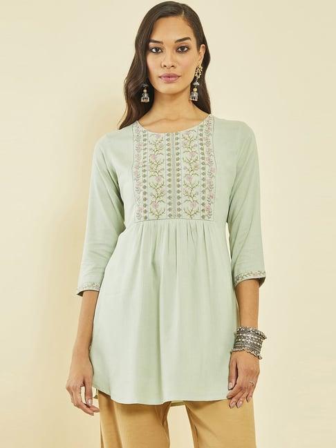 soch sap green rayon floral embroidered round-neck tunic