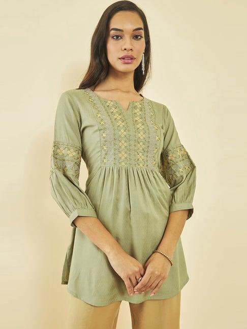 soch sap green rayon embroidered tunic with puff sleeves