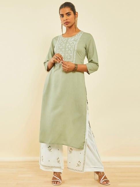 soch olive rayon slub floral embroidered straight kurta sets