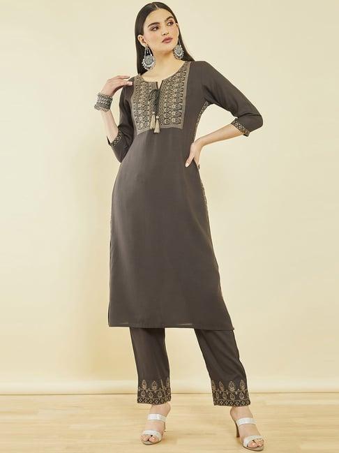 soch charcoal rayon zari embroidered straight kurta sets