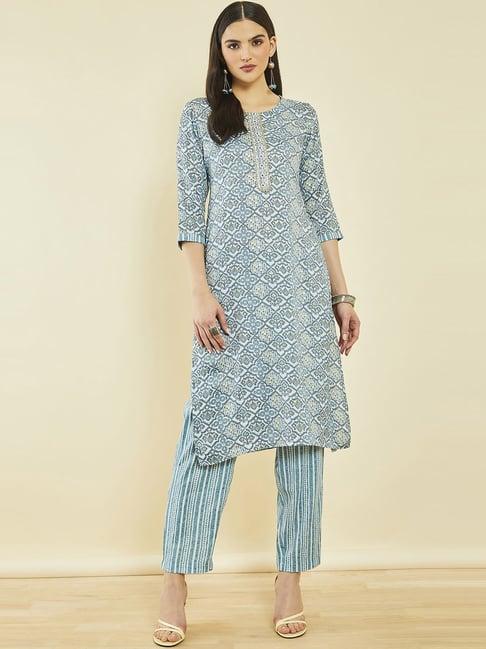 soch blue rayon printed straight kurta sets with gota patti work