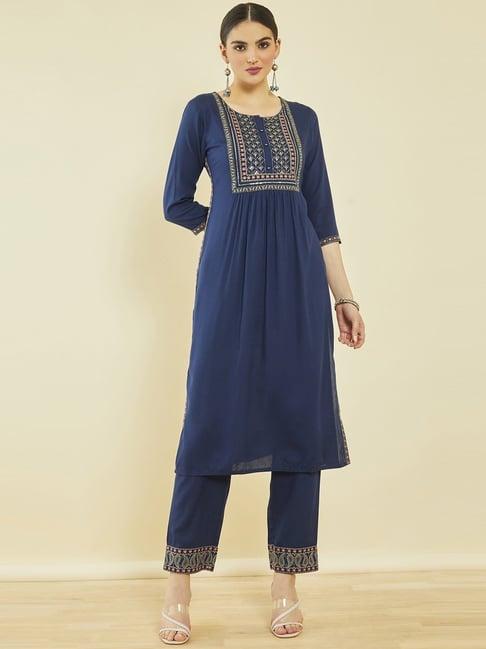 soch blue rayon paisley embroidered round-neck nyra cut kurta sets