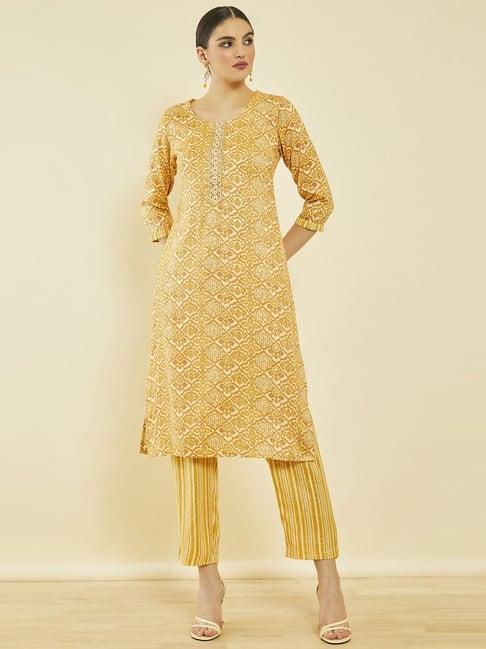 soch mustard rayon printed straight kurta sets with gota patti work