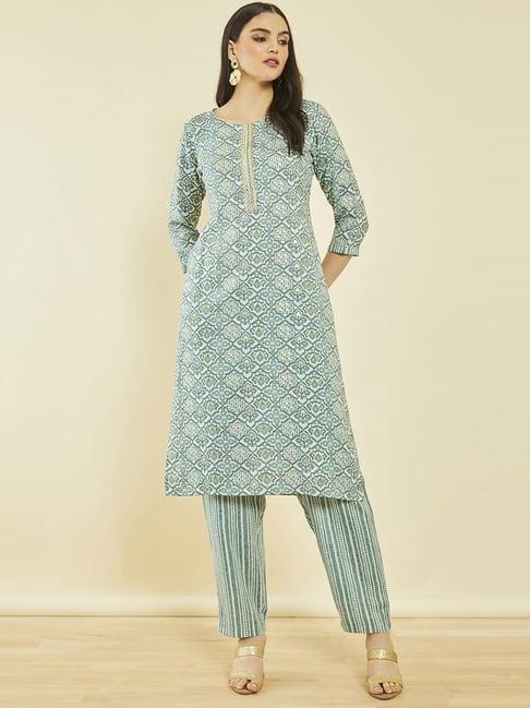 soch teal rayon printed straight kurta sets with gota patti work