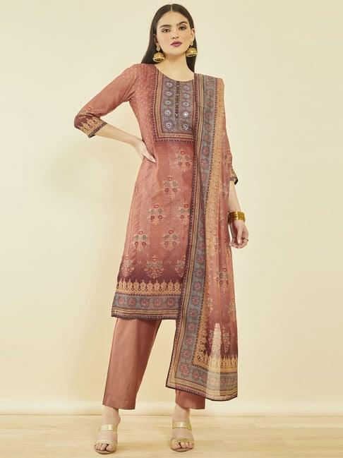 soch rust chanderi botanical print suit set with dupatta