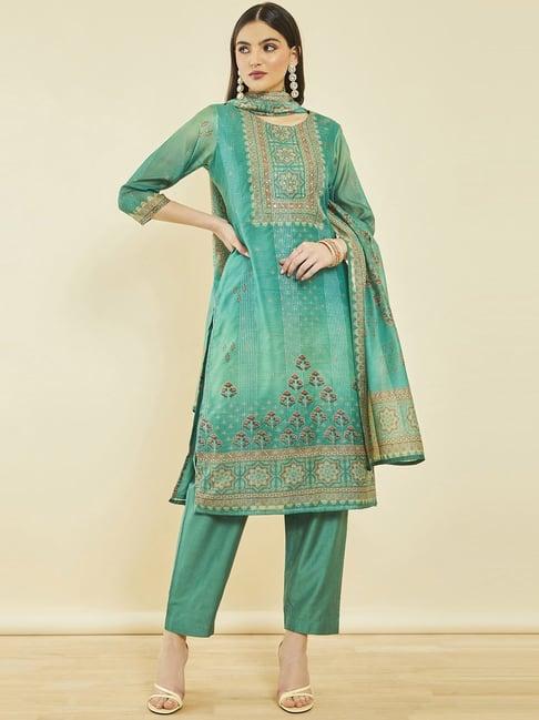 soch green chanderi floral print suit set with dupatta